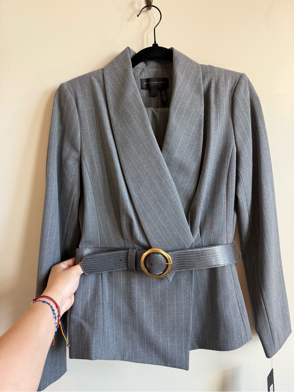 Donna Karan Gray Pinstripe Wrap Blazer with Gold Buckle